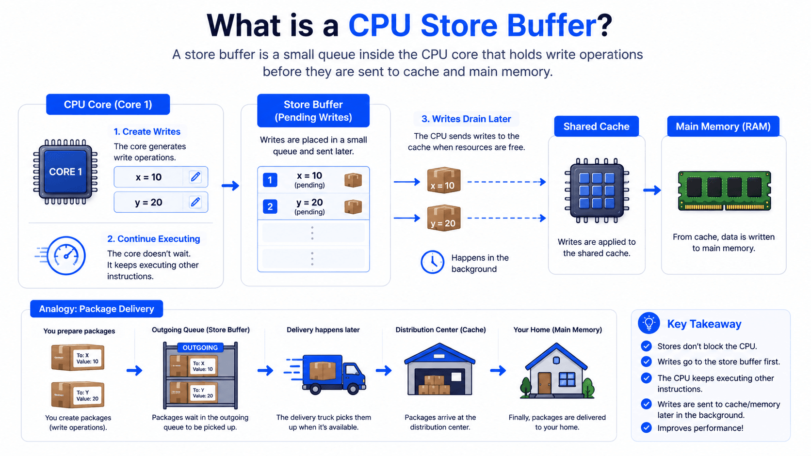 13. What Is a Store Buffer? The CPU does not always immediately write every value directly to cache or RAM. Writes can be expensive. If the processor waited for every write to complete before continuing, performance would suffer. To reduce this delay, CPU cores may use a structure called a store buffer. A store buffer temporarily holds pending writes. A simplified process looks like this: Core produces a new value ↓ Value enters the Store Buffer ↓ Core continues executing ↓ Write becomes visible later Think of it as a small outgoing queue. The core says: I want this value to be written, but I do not want to wait here until the complete memory system finishes the operation. The store buffer allows the core to continue working.